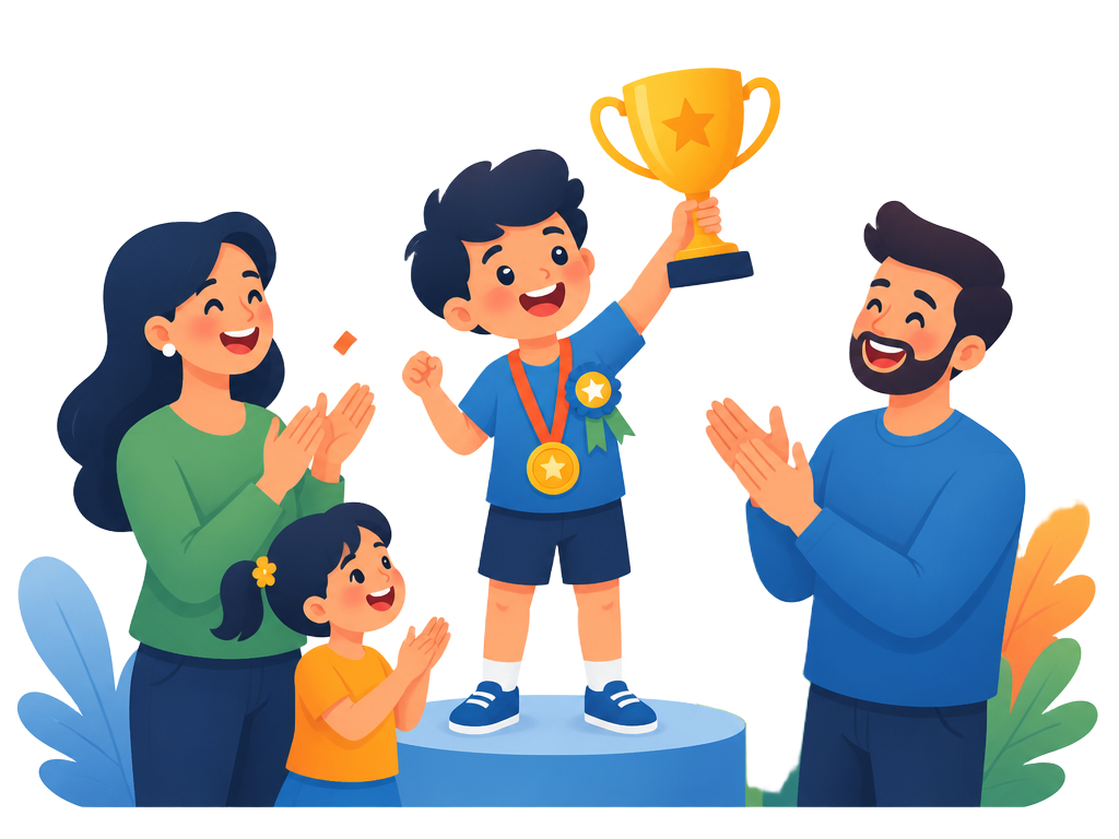A child celebrating an achievement with a trophy while family claps